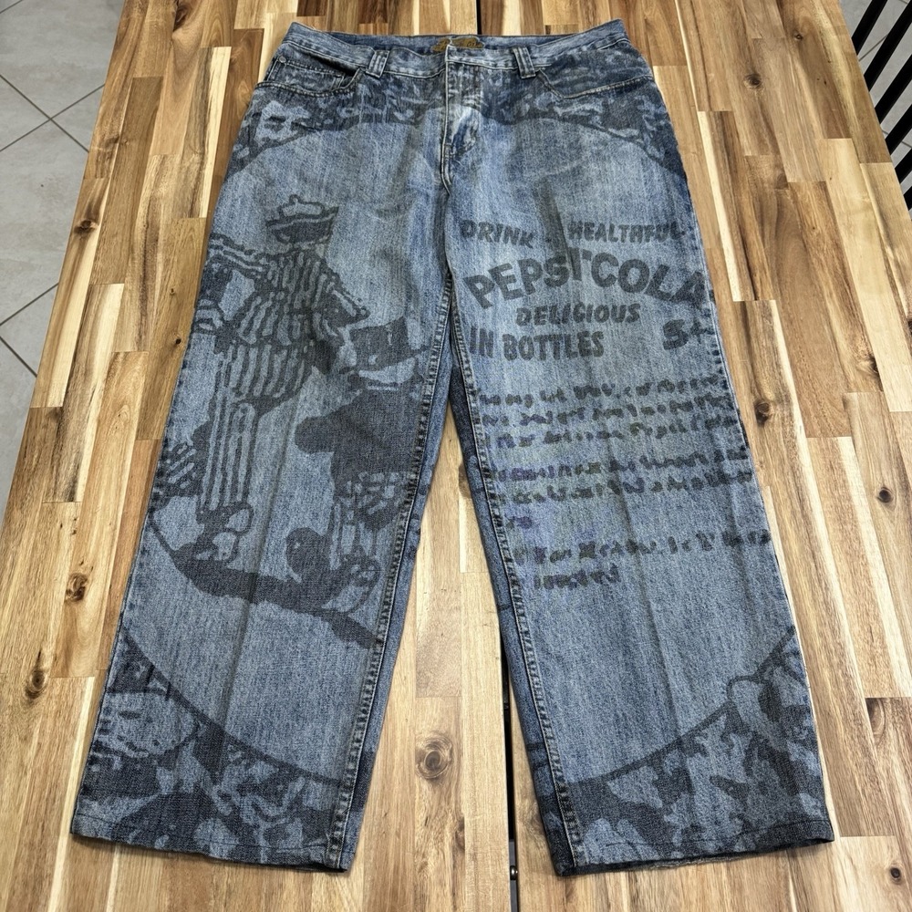 Vintage Pepsi Cola Jeans Mens 36x28 Blue All Over Print Baggy Skate Wide Leg Y2K